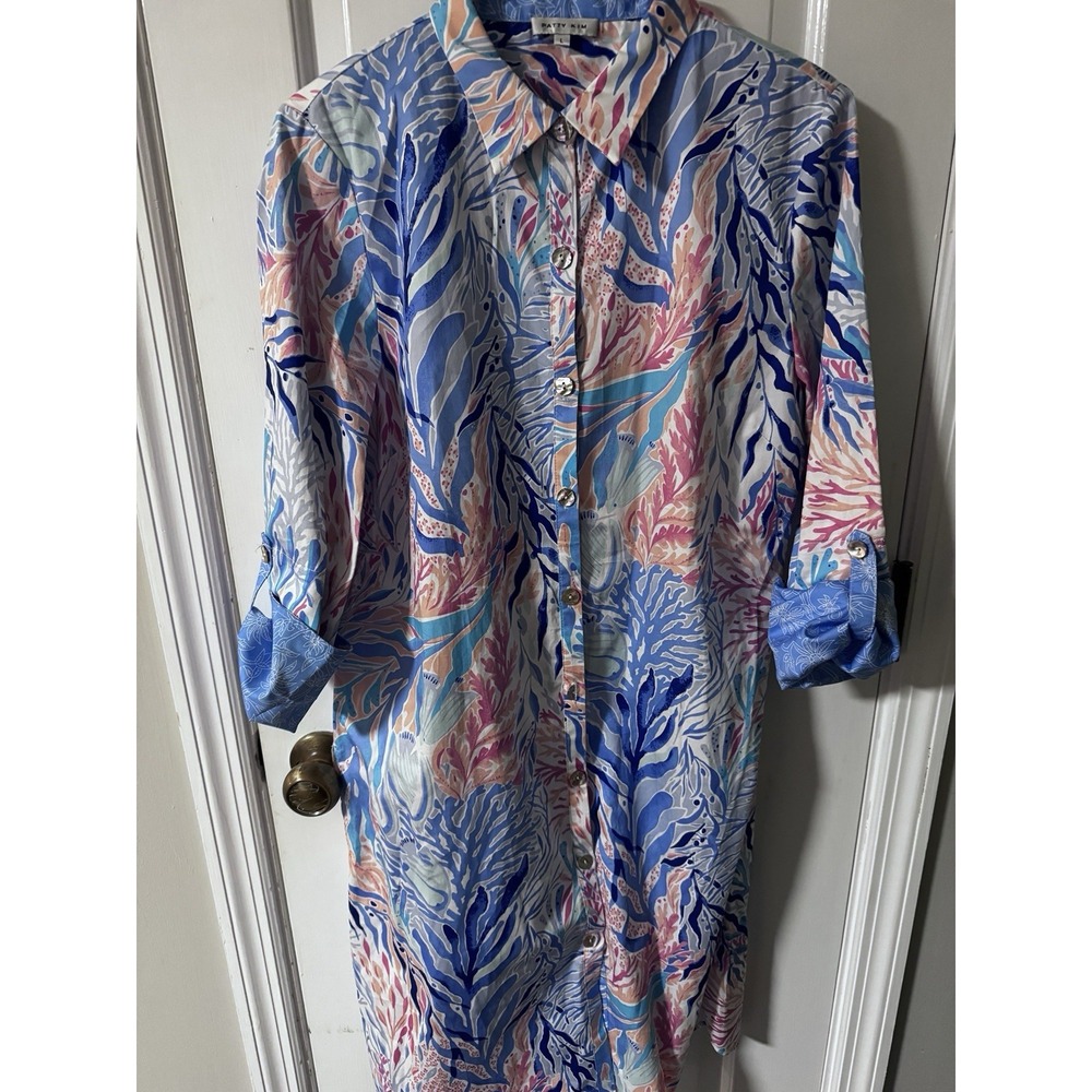 Patty Kim Button‎ Up Roll Tab Shirt Dress Adjustable Sleeves Womens Large NWOT
